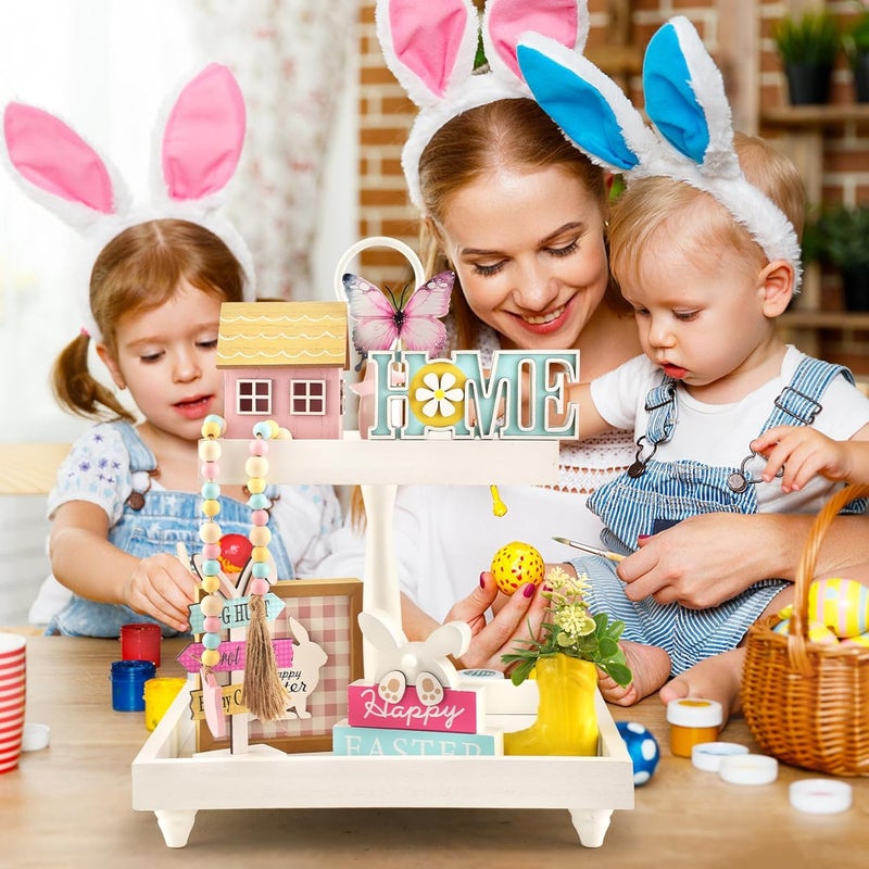 SYNCVIBE Spring Decorations, 8 Pieces Easter Spring Tiered Tray Decor, Home Office Table Shelf Decor Gifts, Tray Objects Decoration Bundle Bunny Bead Garland Wood Plaques Signs Decorative Ornament Set - Image 4